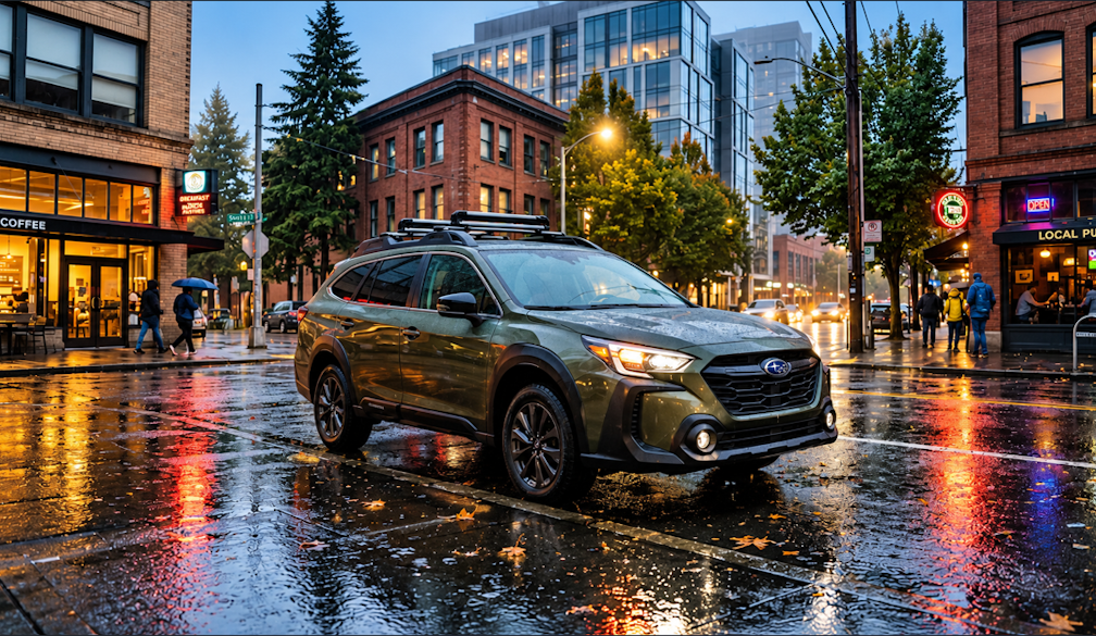 Rainy Seattle Street with Subaru