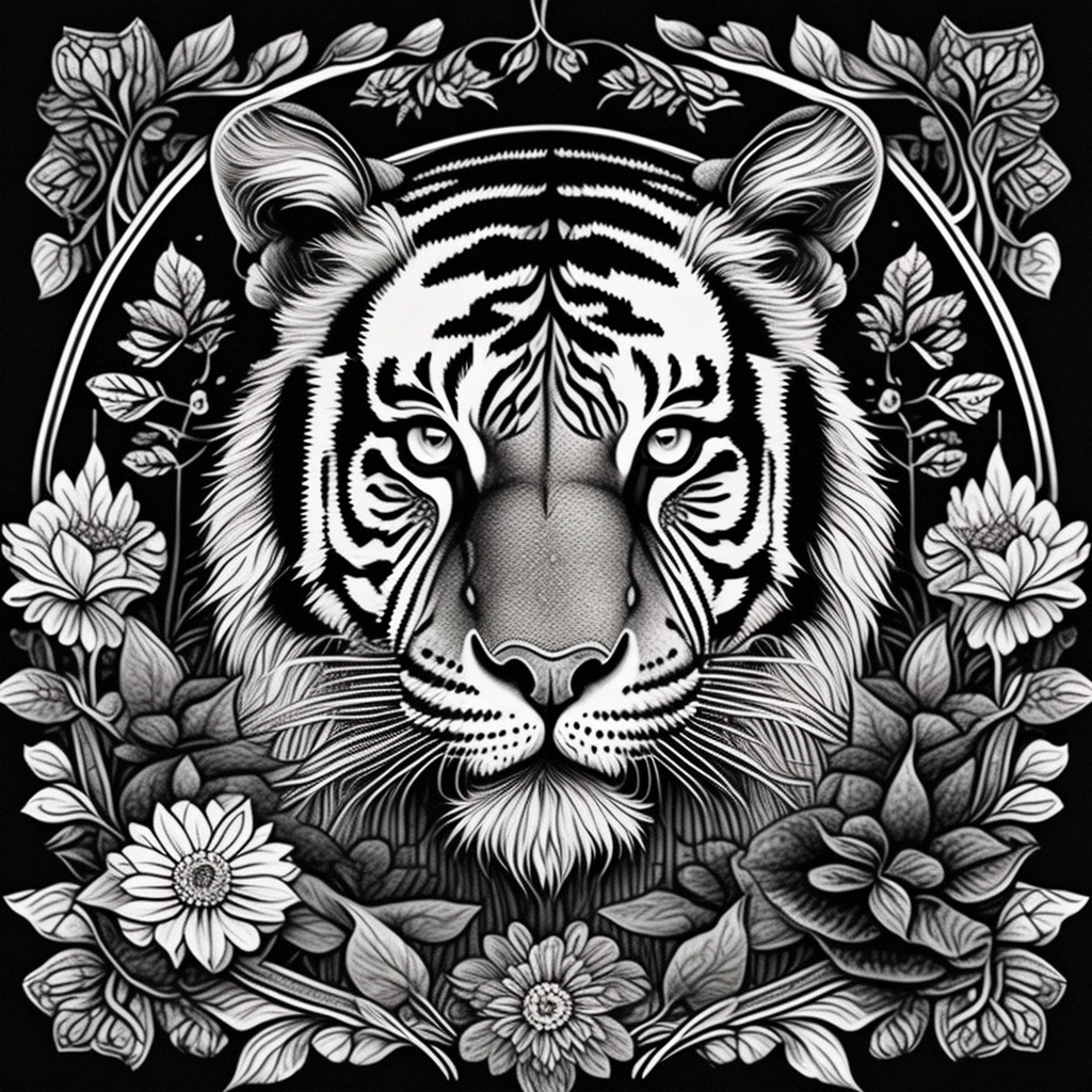 Prompt: Immersive, captivating, grayscale coloring, featuring a tiger in the tranquil mandala forest. The image is composed of lines and brushstrokes.