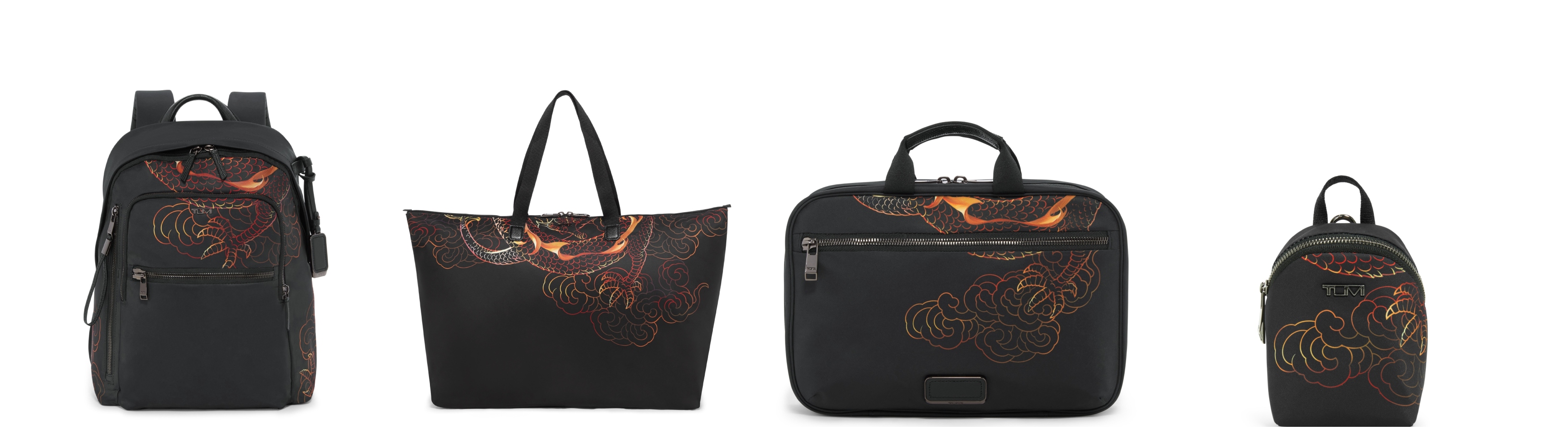 (L to R): Voyageur Halsey Backpack in Dragon Print, Voyageur Just In Case® Tote in Dragon Print, Voyageur Madeline Cosmetic in Dragon Print and Voyageur Charm Pouch in Dragon Print.