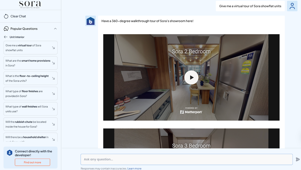 Buddy replies in multimedia formats, as seen here with a virtual tour of Sora showflat