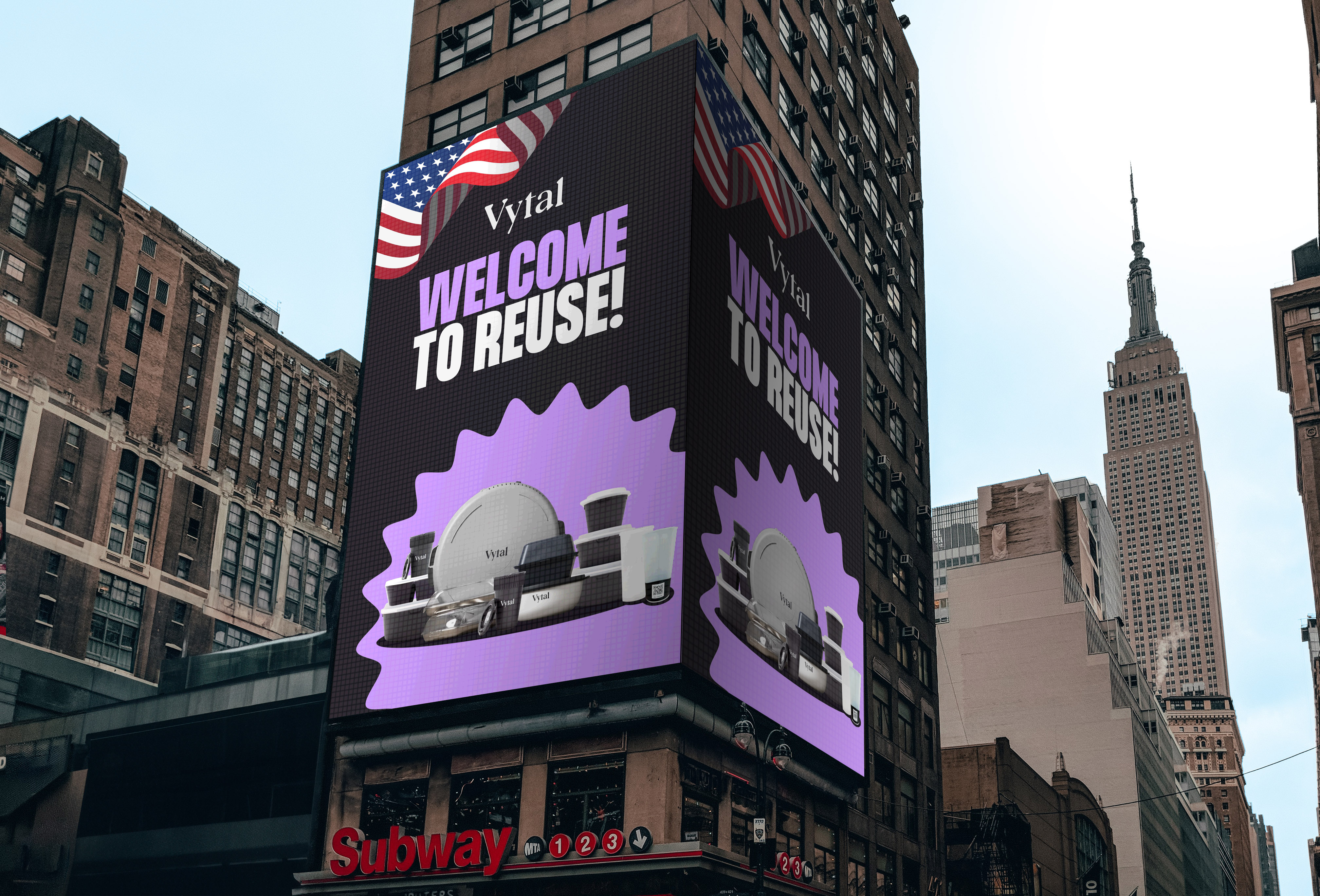 Big News: Vytal expands to the U.S.! Pioneering sustainable packaging solutions across America! This digitally created image features a billboard in New York