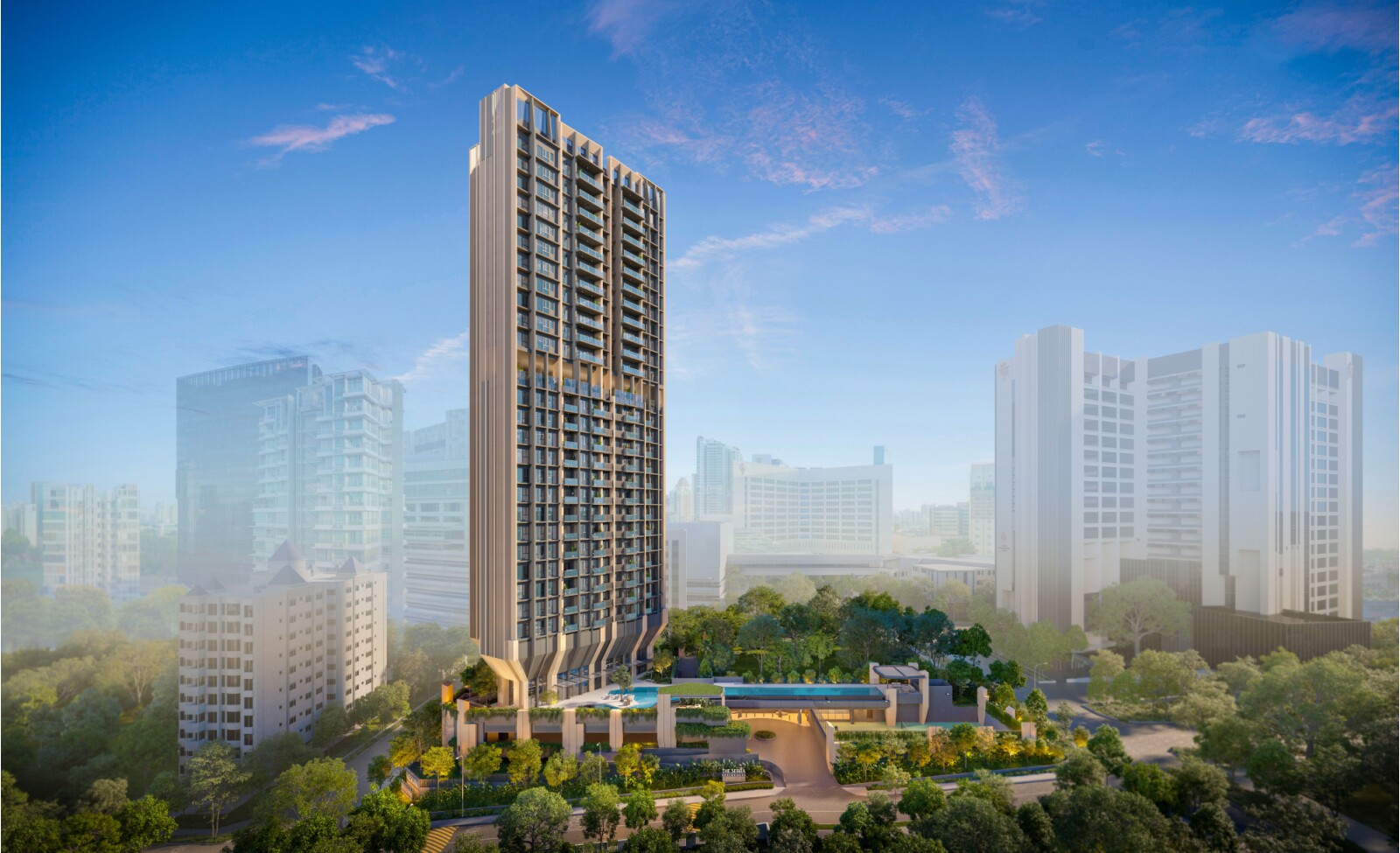 Hero Perspective of The Serra Residences, showcasing the 28-storey tower set within the Novena residential enclave